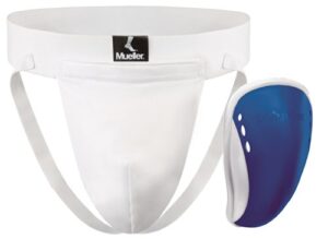 mueller sports medicine athletic supporter with flex shield cup, white/blue, youth large