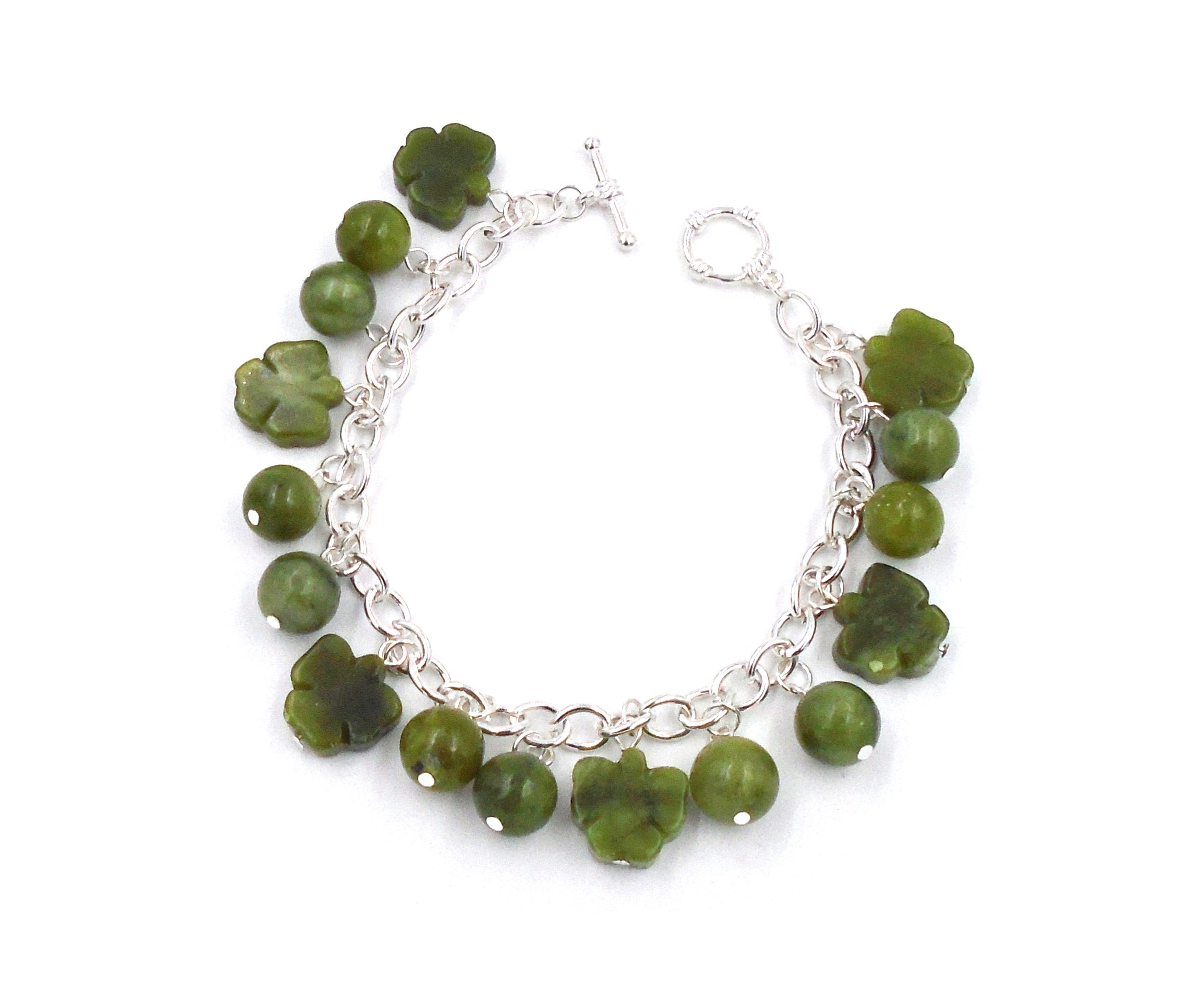 J.C. Walsh and Sons Ltd Irish Connemara Marble: Sterling Silver Charm Bracelet ~ Shamrocks & Beads