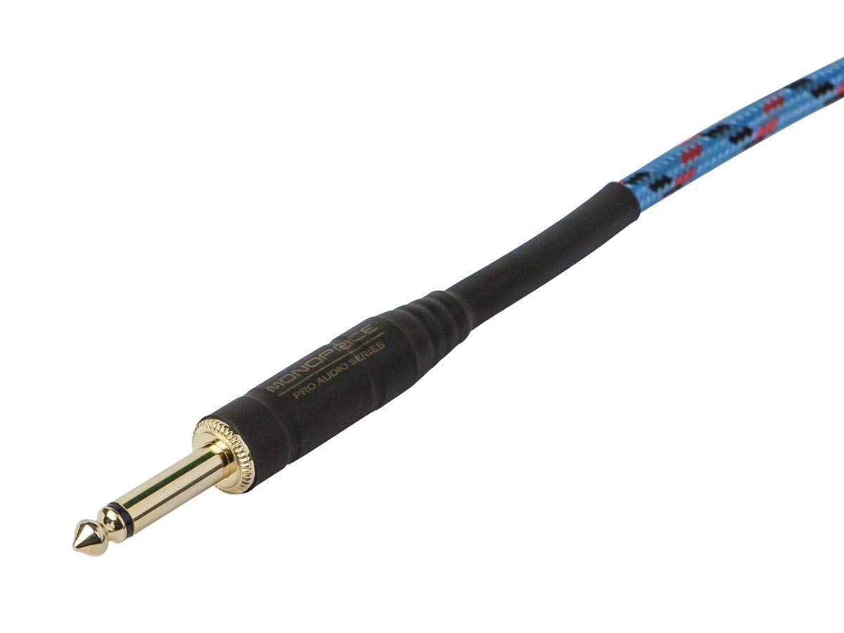 Monoprice 1/4-Inch TS Male to 1/4-Inch Right Angle TS Male Guitar/Instrument Cable - 20 Feet, Blue, 20AWG, Braided Jacket, Gold Plated - Cloth Series