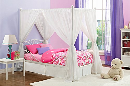 DHP Metal Canopy Kids Platform Bed with Four Poster Design, Scrollwork Headboard and Footboard, Underbed Storage Space, No Box Sring Needed, Twin, White