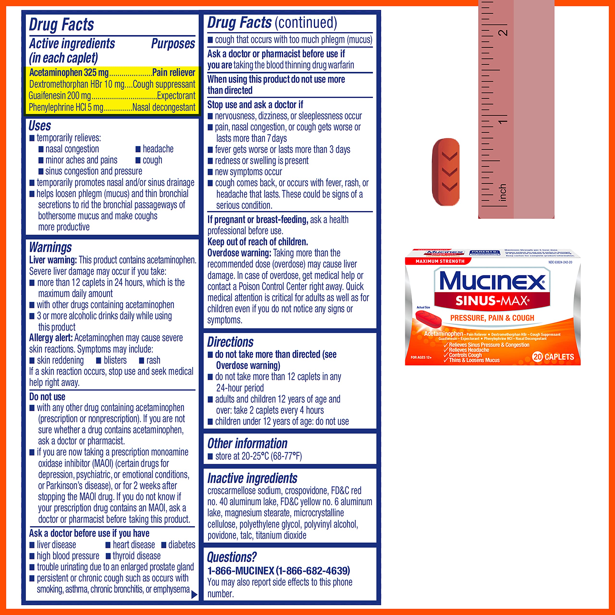 Mucinex Sinus-Max Pressure, Pain & Cough Max Strength-Sinus Pressure, Congestion & Headache Relief, Expectorant & Decongestant w/ Acetaminophen, Guaifenesin & Phenylephrine, 20 Count (Pack of 2)