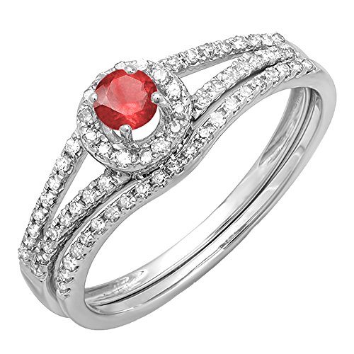 Dazzlingrock Collection 10K Round Ruby And White Diamond Bridal Halo Engagement Ring Wedding Band Set, White Gold, Size 9