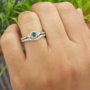 Dazzlingrock Collection 10K Round Emerald And White Diamond Ladies Halo Style Bridal Engagement Ring Set, White Gold, Size 6