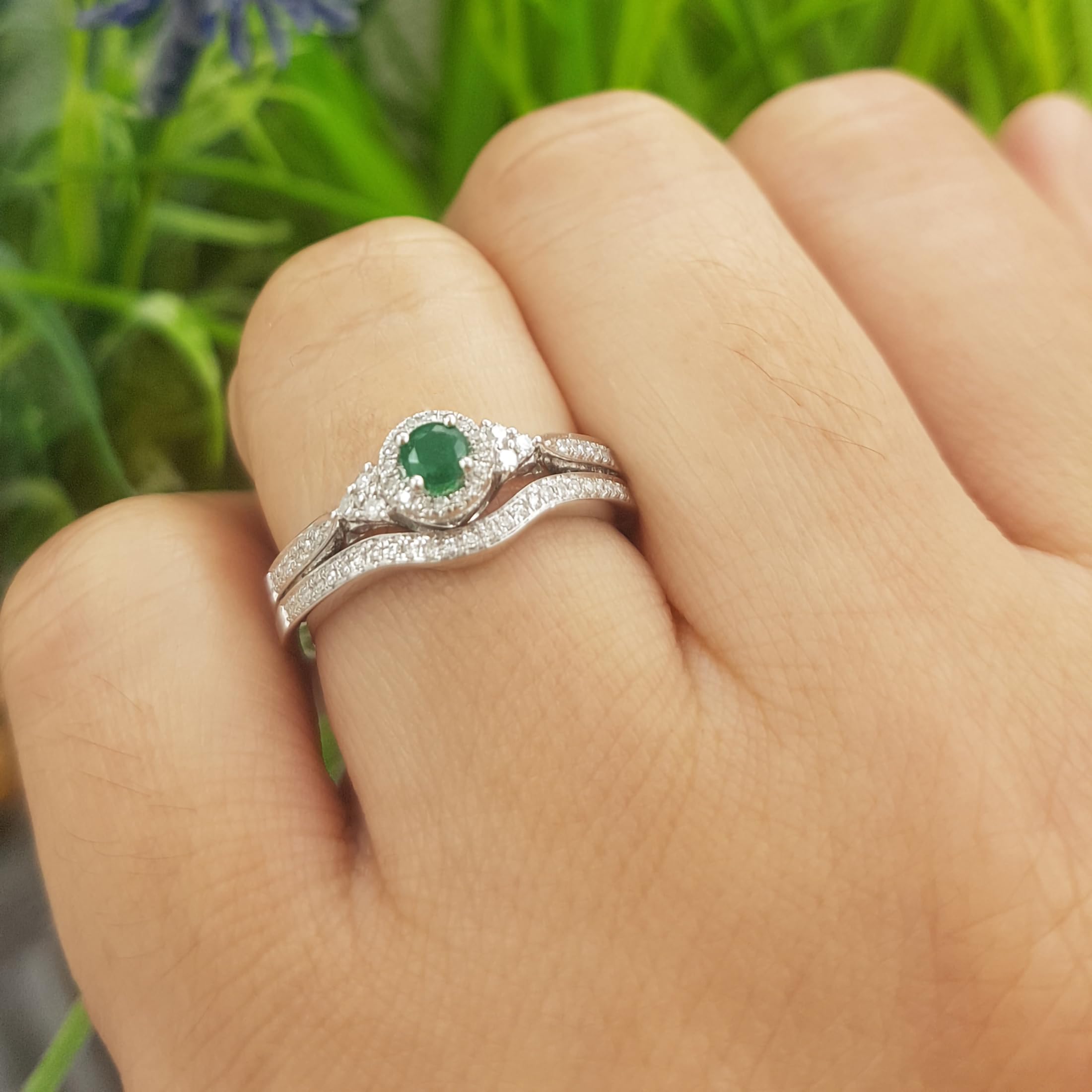 Dazzlingrock Collection 10K Round Emerald And White Diamond Ladies Halo Style Bridal Engagement Ring Set, White Gold, Size 6