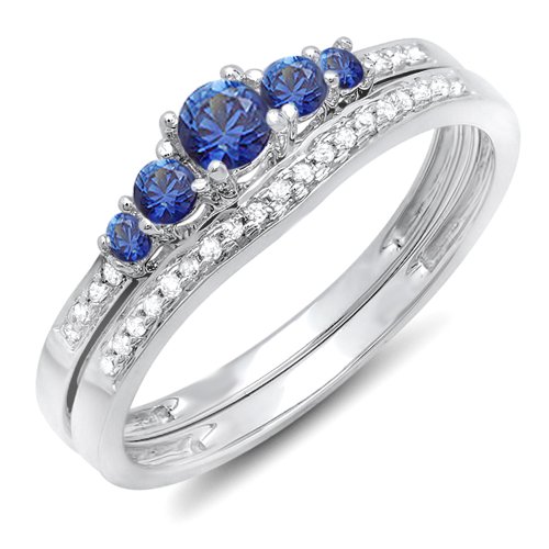 Dazzlingrock Collection 10K Blue Sapphire & White Diamond Women 5 Stone Bridal Engagement Ring Set, White Gold, Size 7