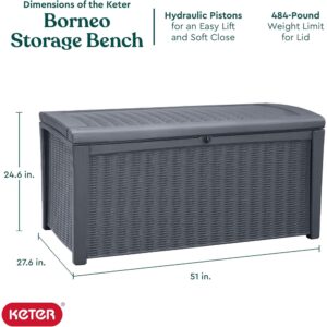 Keter Borneo 416L Storage Box, All-Weather Wicker Rattan-Style Resin Deck Box and Stylish Outdoor Bench with Piston-Assisted Lockable Lid, Light Grey