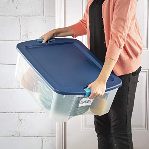 Sterilite 12 Gal Latch and Carry, Stackable Storage Bin with Latching Lid, Plastic Container to Organize Closets, Clear with Blue Lid, 6-Pack