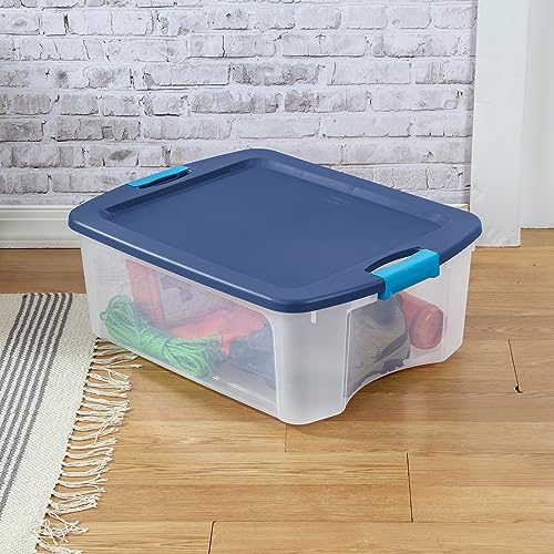 Sterilite 12 Gal Latch and Carry, Stackable Storage Bin with Latching Lid, Plastic Container to Organize Closets, Clear with Blue Lid, 6-Pack