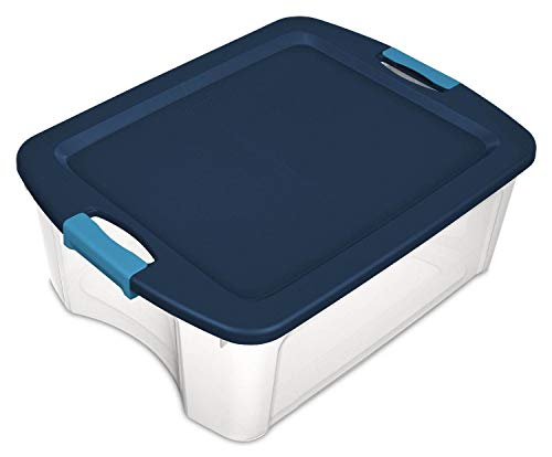 Sterilite 12 Gal Latch and Carry, Stackable Storage Bin with Latching Lid, Plastic Container to Organize Closets, Clear with Blue Lid, 6-Pack