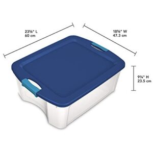 Sterilite 12 Gal Latch and Carry, Stackable Storage Bin with Latching Lid, Plastic Container to Organize Closets, Clear with Blue Lid, 6-Pack