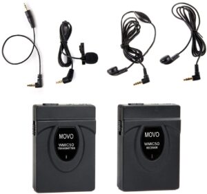 movo wmic50 2.4ghz wireless lavalier microphone system with integrated 164-foot range antenna (includes transmitter with belt clip, receiver with camera shoe, lapel mic and 2 earphones)