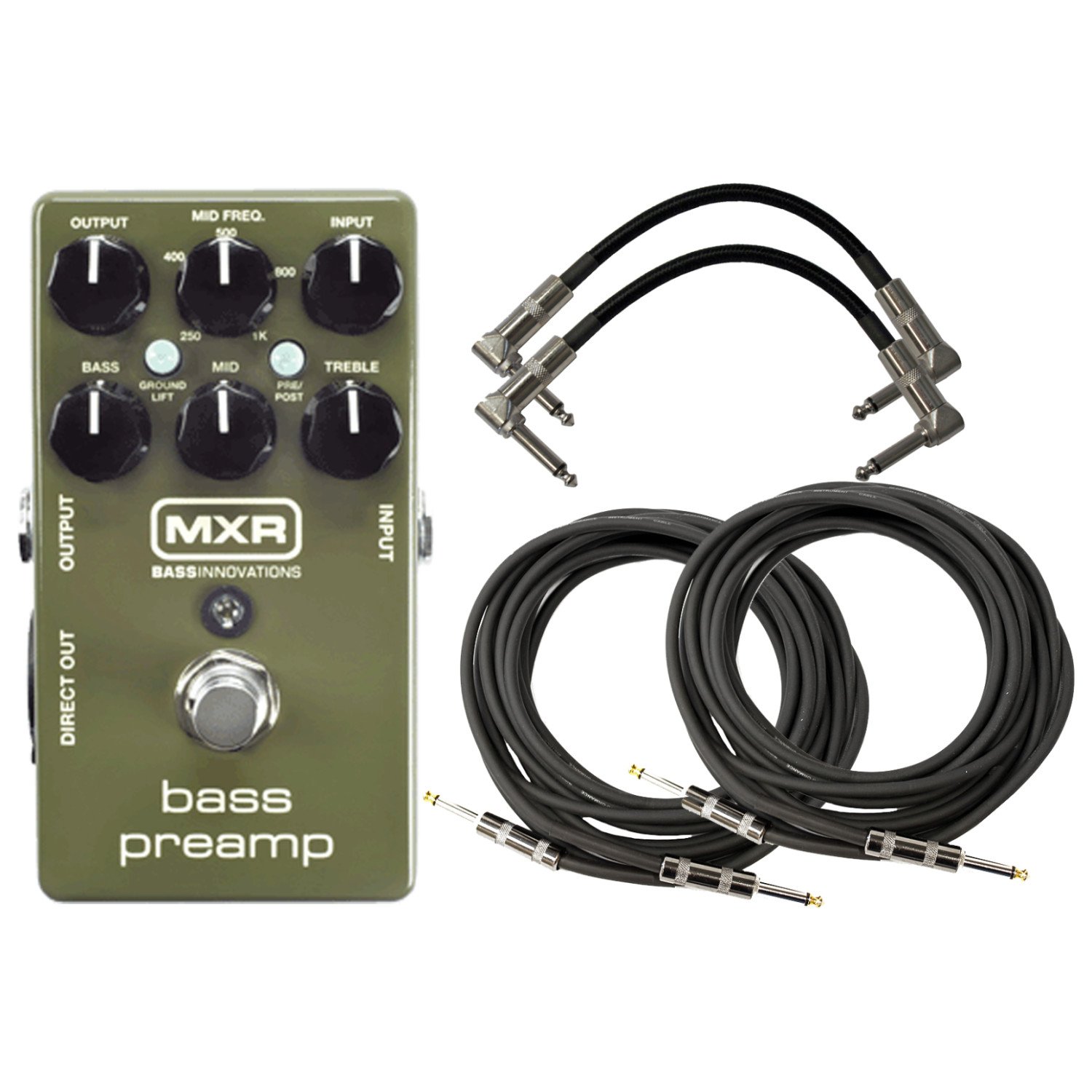 MXR M81 Bass Preamp Pedal Bundle with XLR Direct Out, 3 band EQ and Level Controls w/ 4 Cables