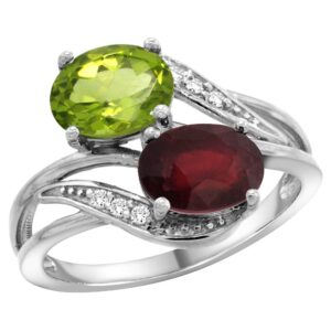 10K White Gold Diamond Natural Peridot & Enhanced Ruby 2-stone Ring Oval 8x6mm, size 7.5