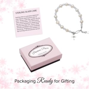 Precious Pieces First Communion Gift for Girls Sterling Silver Cross Bracelet with Cultured Pearl and Crystals for Girls (LG)