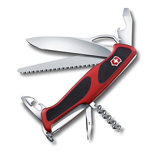 Victorinox Ranger 79 M Grip Swiss Army Knife, 12 Functions, Swiss Made Pocket Knife with Wood Saw, Large Lock Blade and Toothpick - Red/Black