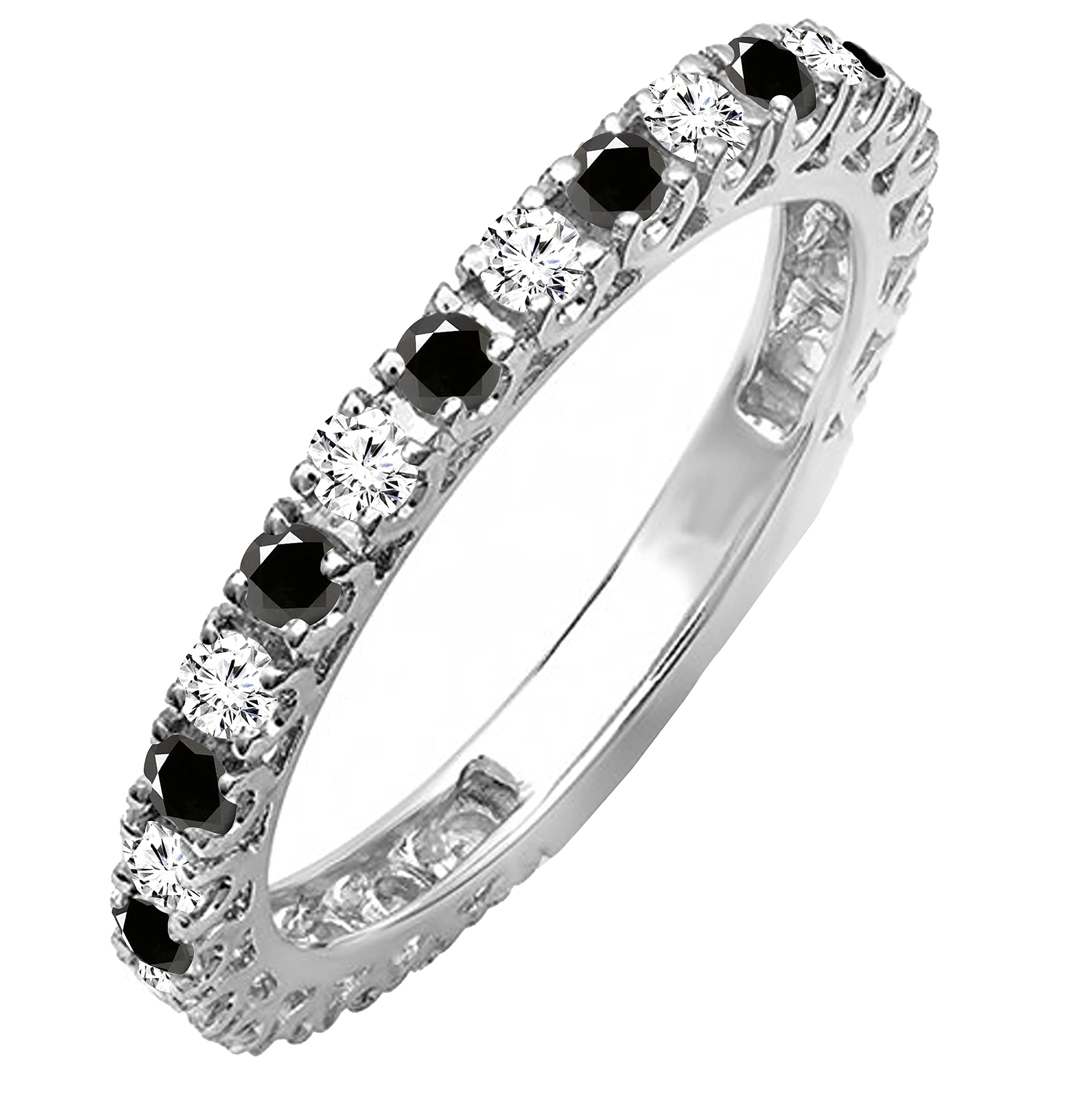 Dazzlingrock Collection 1.00 Carat (Ctw) 10K Round White And Black Diamond Eternity Stackable Wedding Band, White Gold, Size 8