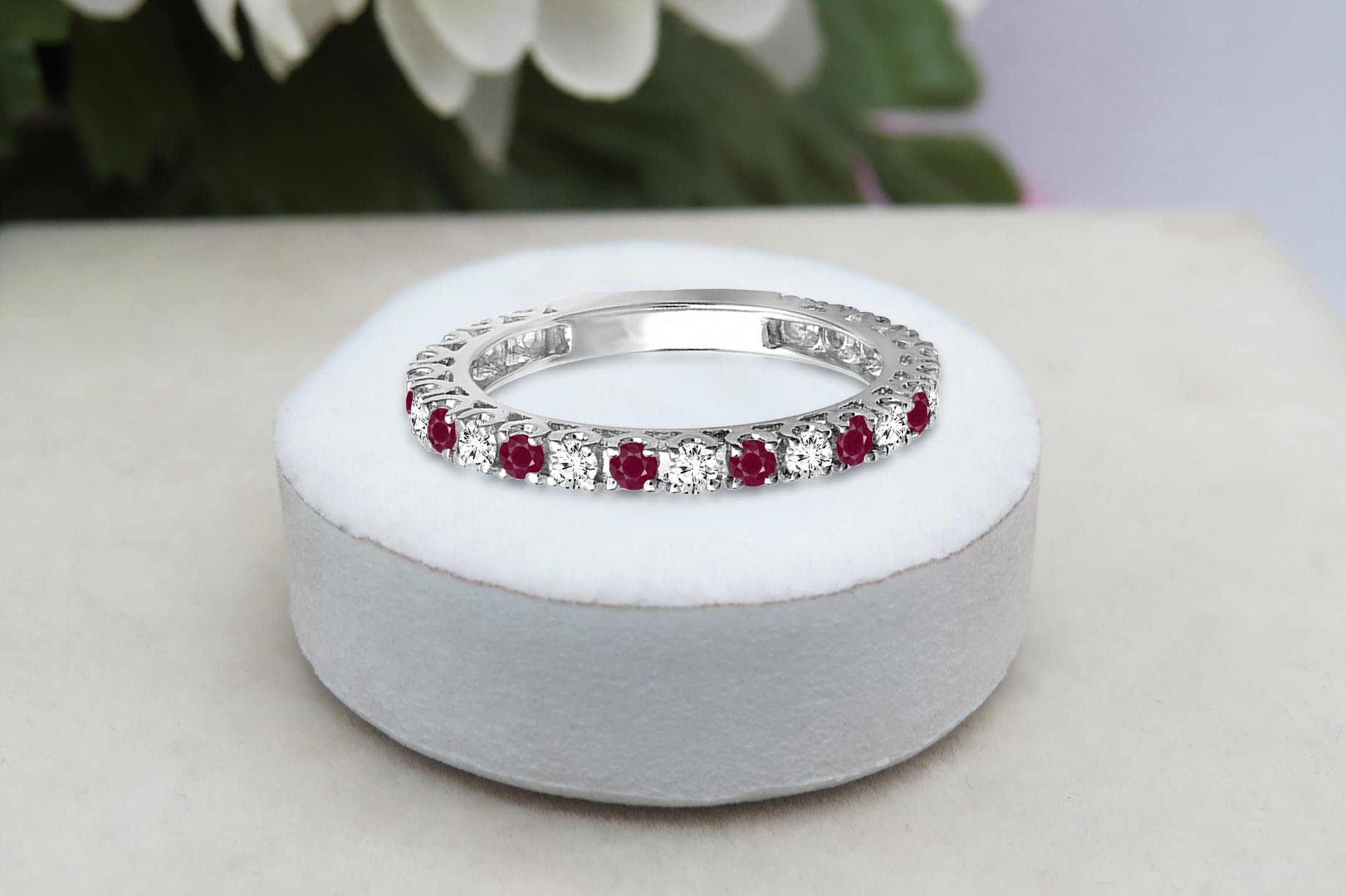 Dazzlingrock Collection 10K Round Ruby And White Diamond Eternity Stackable Ring Anniversary Wedding Band, White Gold, Size 7