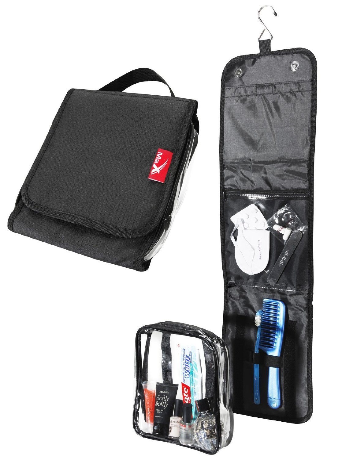 Travel hang up wash bag with 20x20x5cm detachable toiletry bag perfect for cabin hand luggage (Black)