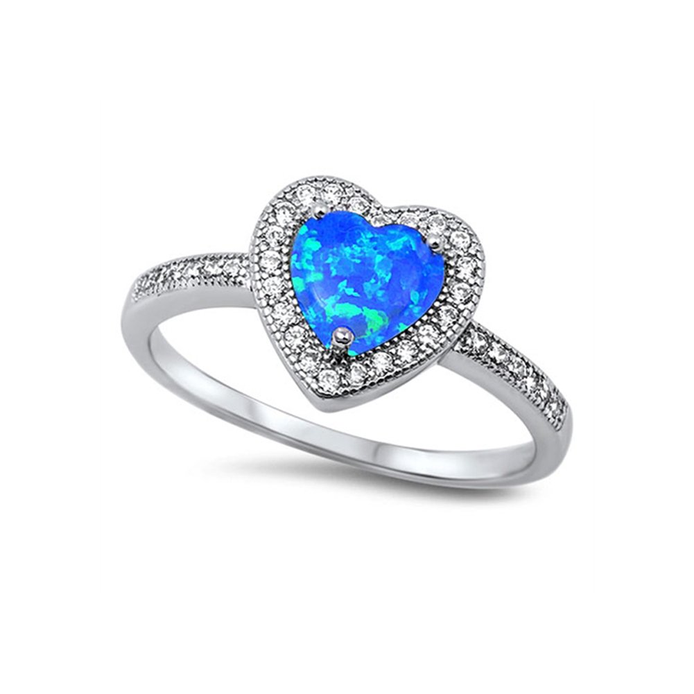 SILVERCLOSEOUT Sterling Silver Created Blue Opal Halo Heart Ring - Size 6