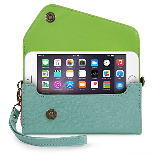 Kroo Clutch Wallet with Wristlet and Crossbody Strap for Smartphones or Phablets up to 5.7 Inch - Carrying Case - Frustration-Free Packaging - Teal and Pink