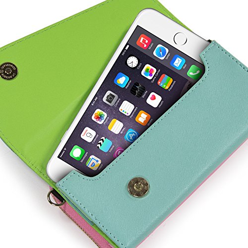 Kroo Clutch Wallet with Wristlet and Crossbody Strap for Smartphones or Phablets up to 5.7 Inch - Carrying Case - Frustration-Free Packaging - Teal and Pink