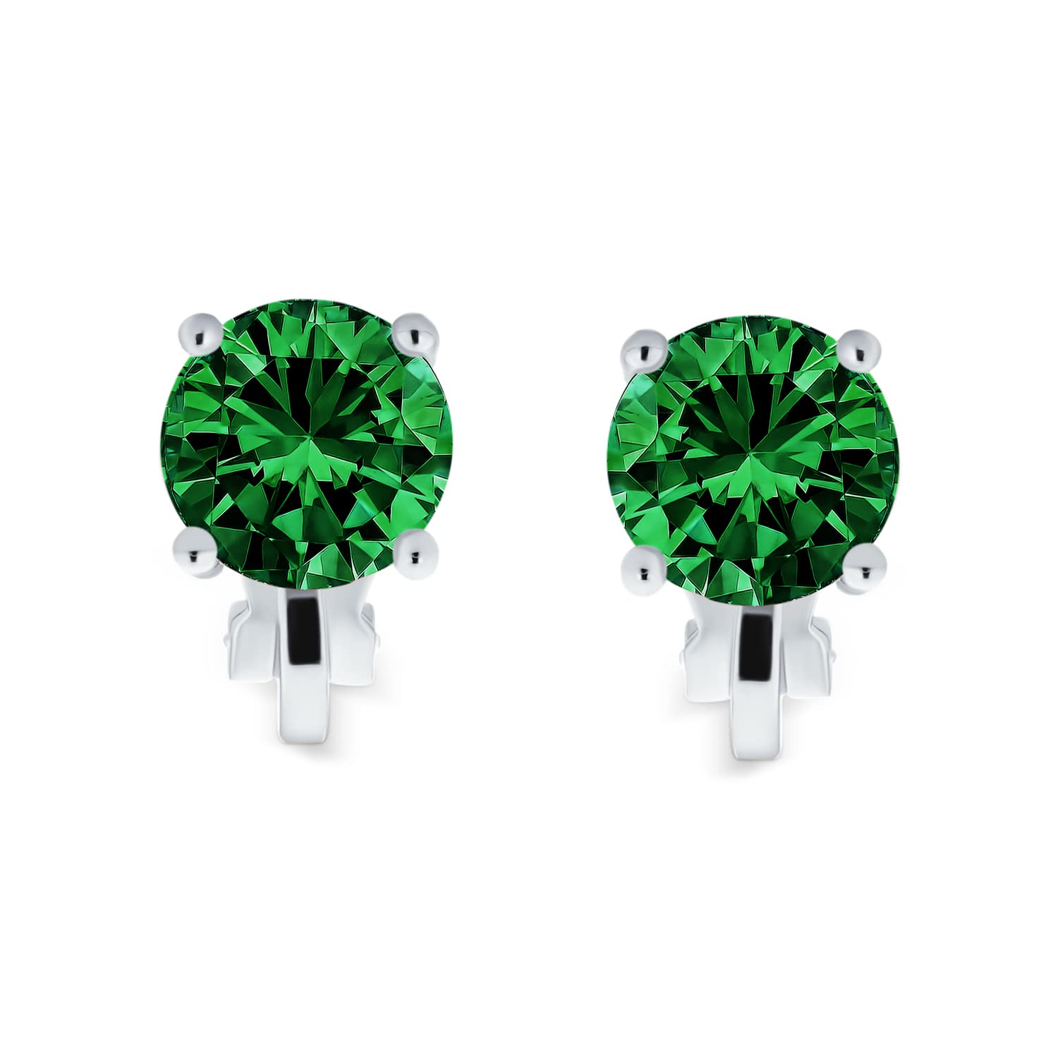 2CT Green Brilliant Cut Solitaire Round Cubic Zirconia CZ Clip On Stud Earrings Simulated Emerald Silver Plated Brass