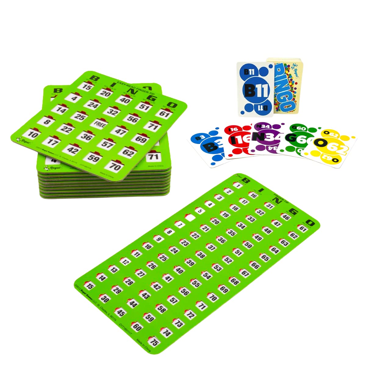 Regal Bingo Finger-Tip Shutter Bingo Cards Set w/Sliding Windows - 10 Bingo Shutter Cards, 75 Reusable Calling Cards, 1 Master Board - Ideal for Family Fun Night - No Chips & Daubers Needed - Green