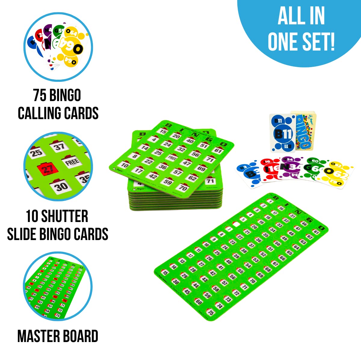 Regal Bingo Finger-Tip Shutter Bingo Cards Set w/Sliding Windows - 10 Bingo Shutter Cards, 75 Reusable Calling Cards, 1 Master Board - Ideal for Family Fun Night - No Chips & Daubers Needed - Green