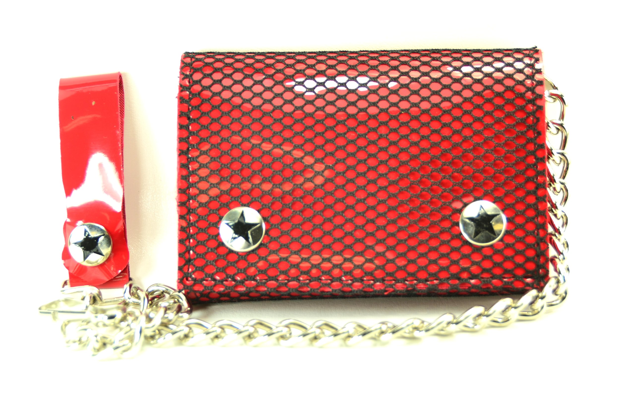 Fishnet Fetish Tri-fold Bikers Wallet with 16" Chain Red