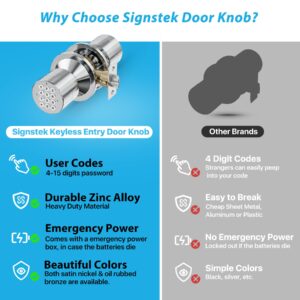 Signstek Keyless Entry Door Lock,Door Knob with Keypad，Smart Code Door Lock,Mute mode,Passage function, Easy to Install,Oil Rubbed Bronze