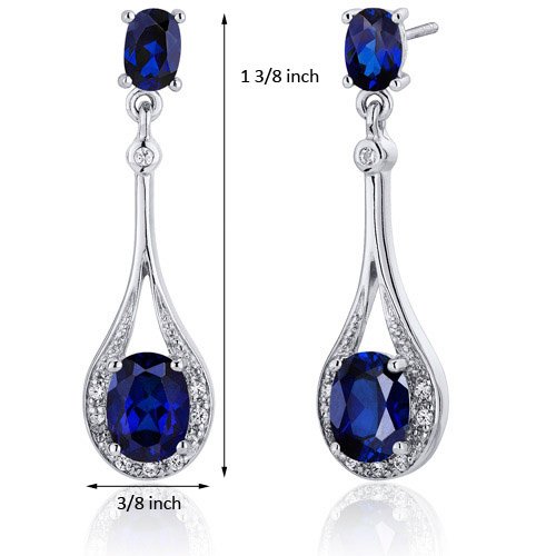 Peora Created Blue Sapphire Dangle Earrings 925 Sterling Silver, Halo Drop Oval Shape, 5 Carats total, Friction Backs