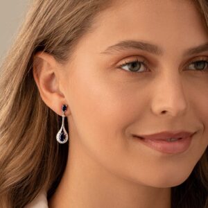 Peora Created Blue Sapphire Dangle Earrings 925 Sterling Silver, Halo Drop Oval Shape, 5 Carats total, Friction Backs