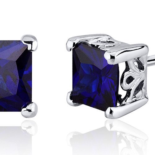 Peora Created Blue Sapphire Stud Earrings 925 Sterling Silver, Solitaire Scroll Gallery, 2.50 Carats Total Princess Cut 6mm, Friction Backs