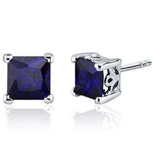 peora created blue sapphire stud earrings 925 sterling silver, solitaire scroll gallery, 2.50 carats total princess cut 6mm, friction backs