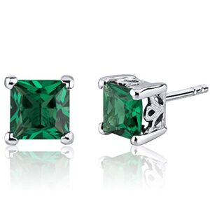 peora simulated emerald stud earrings 925 sterling silver, solitaire scroll gallery, 2 carats total princess cut 6mm, friction back