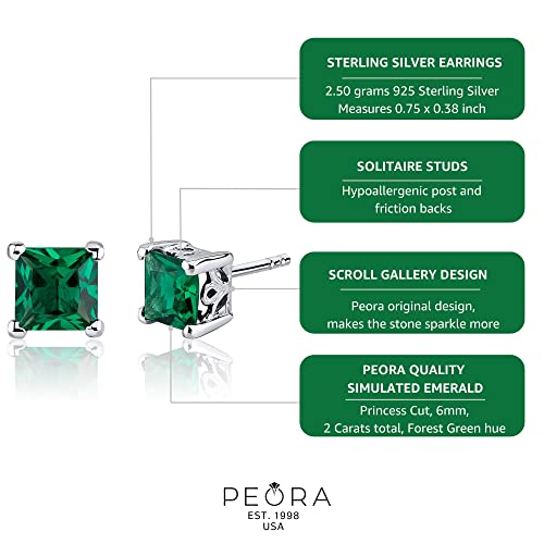 Peora Simulated Emerald Stud Earrings 925 Sterling Silver, Solitaire Scroll Gallery, 2 Carats Total Princess Cut 6mm, Friction Back