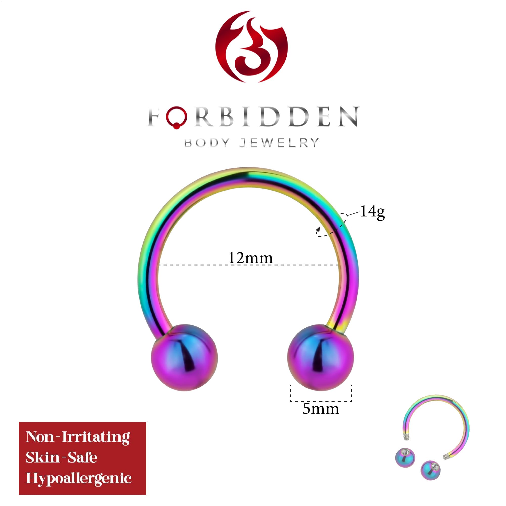 Forbidden Body Jewelry 14g 12mm Surgical Steel Rainbow IP Plated Horseshoe Ball Ring, 5mm Balls