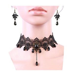 Charm.L Grace Black Lace Gothic Lolita Pendant Choker Necklace Earrings Set