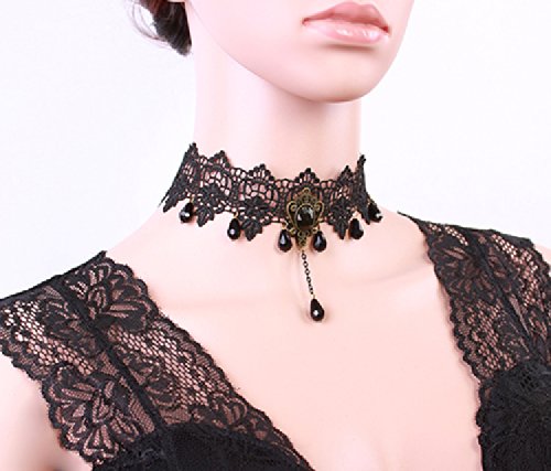 Charm.L Grace Black Lace Gothic Lolita Pendant Choker Necklace Earrings Set