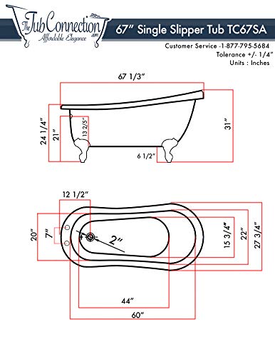 Freestanding 67" Acrylic Slipper Bath Tub with 7" Faucet Hole Drillings & Oil Rubbed Bronze Feet- "Miller"