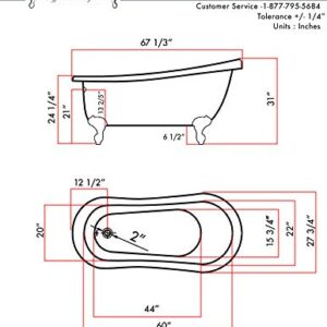 Freestanding 67" Acrylic Slipper Bathtub with NO Faucet Holes & Oil Rubbed Bronze Feet- "Miller"