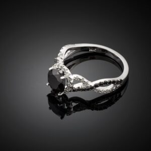 10k White Gold Alternating Stone Halo Band Black Diamond Infinity Engagement Ring (Size 6.75)