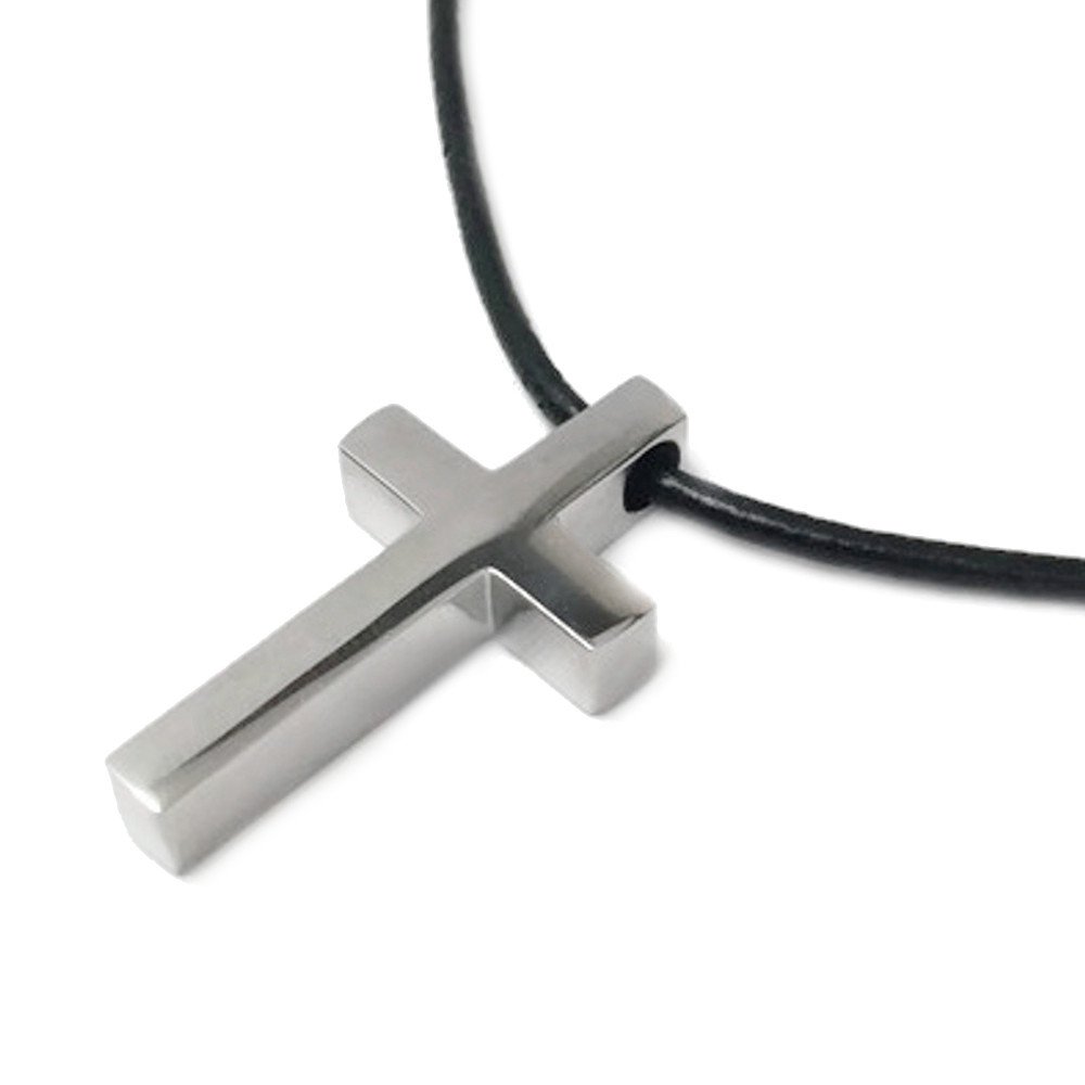 Loralyn Designs Small Simple Stainless Steel Cross Pendant 18 Inch Black Leather Necklace Cord