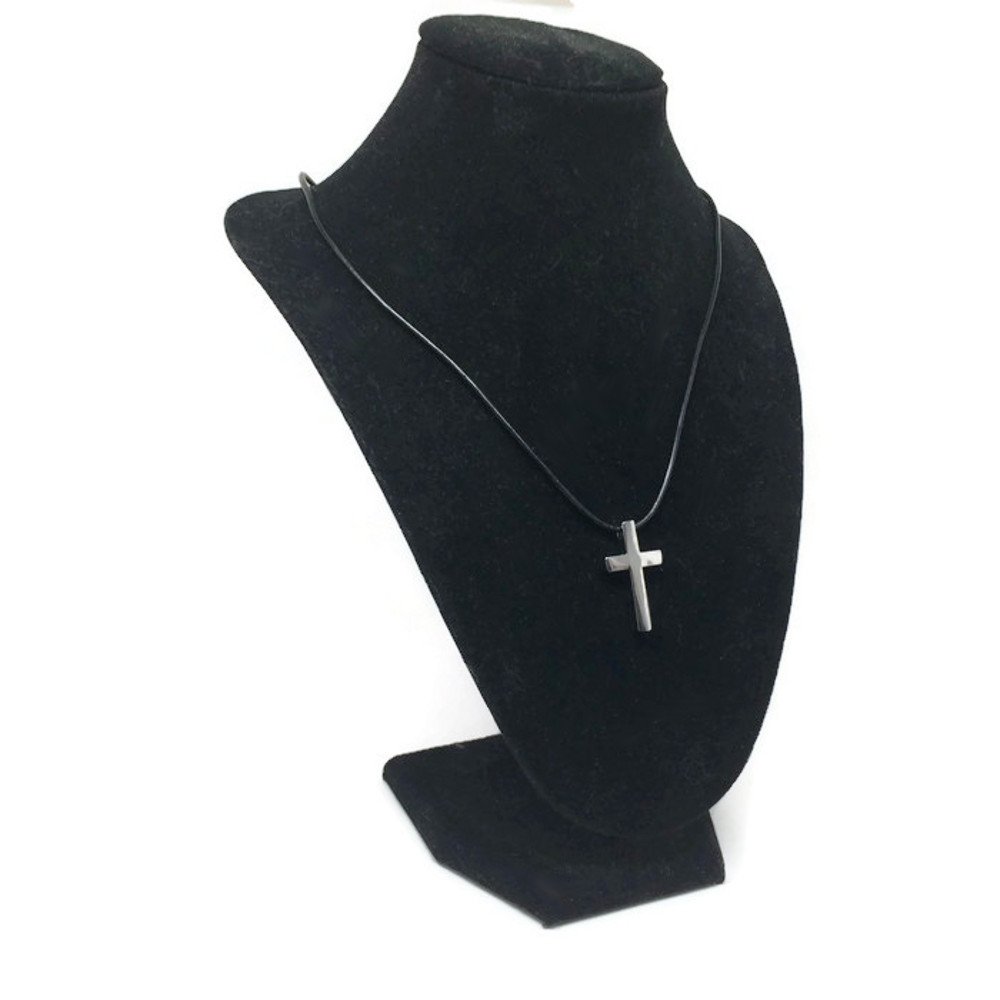 Loralyn Designs Small Simple Stainless Steel Cross Pendant 18 Inch Black Leather Necklace Cord