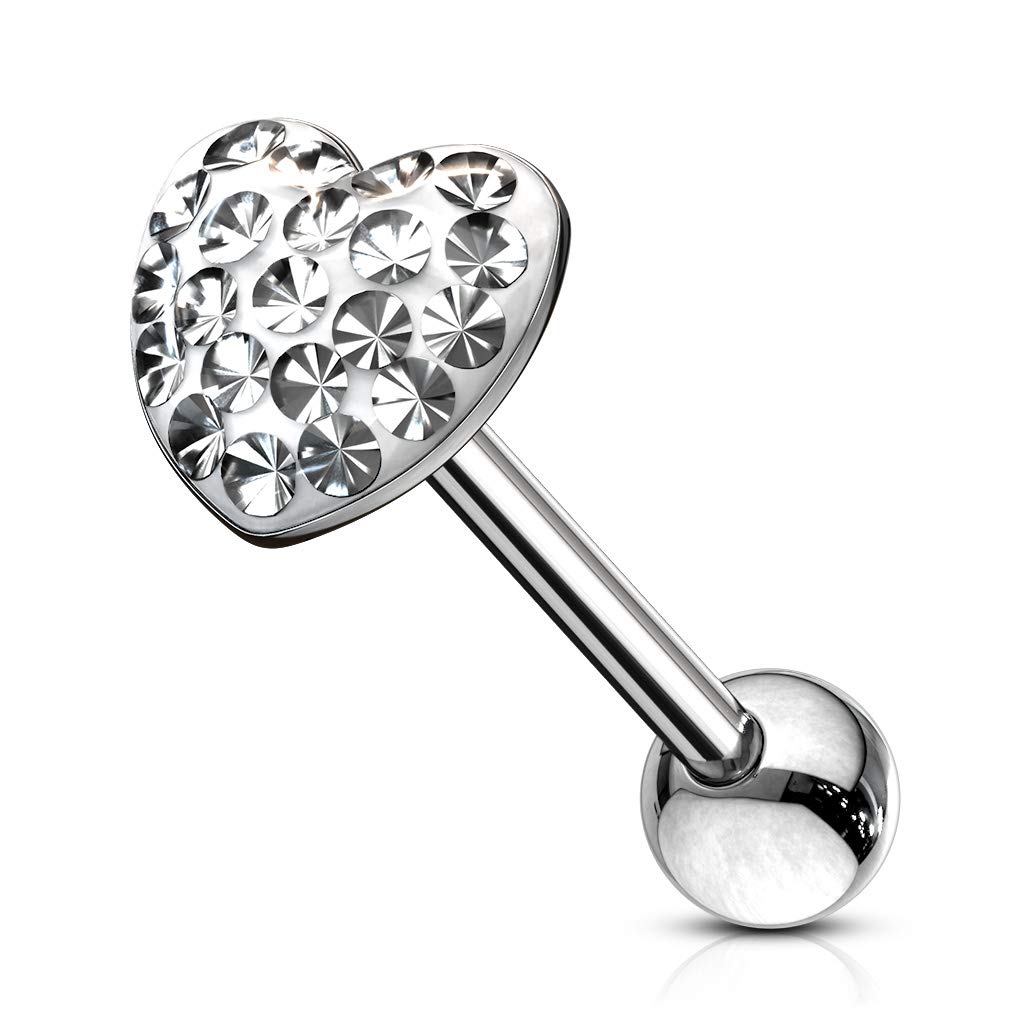 Forbidden Body Jewelry 14G 16mm (5/8 Inch) Surgical Steel Pave Crystalline Clear Epoxy Heart Top Tongue Ring