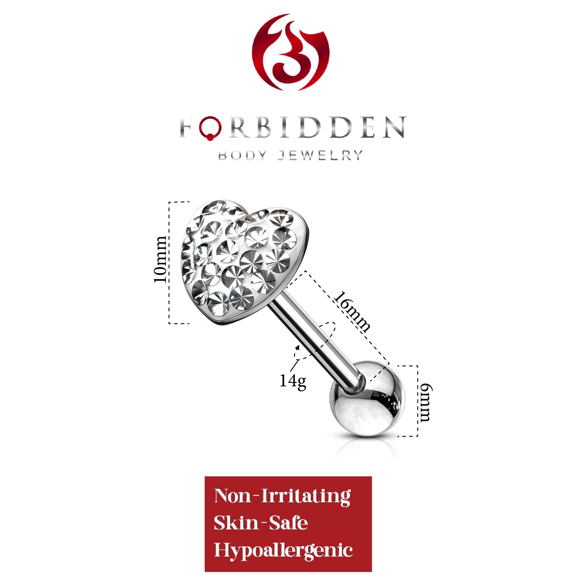 Forbidden Body Jewelry 14G 16mm (5/8 Inch) Surgical Steel Pave Crystalline Clear Epoxy Heart Top Tongue Ring