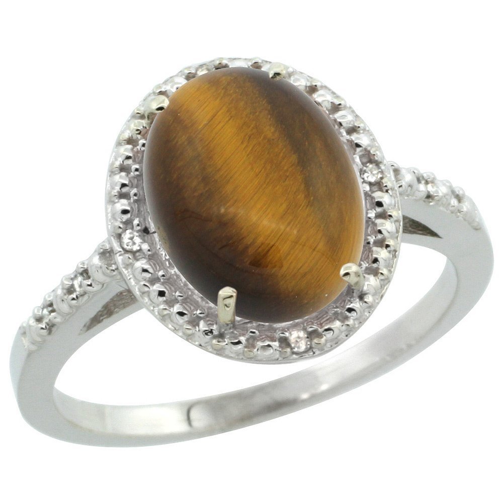 Sterling Silver Diamond Natural Tiger Eye Ring Oval 10x8mm, 1/2 inch wide, size 10