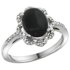 sterling silver diamond halo natural black onyx ring oval 9x7mm, 7/16 inch wide, size 10