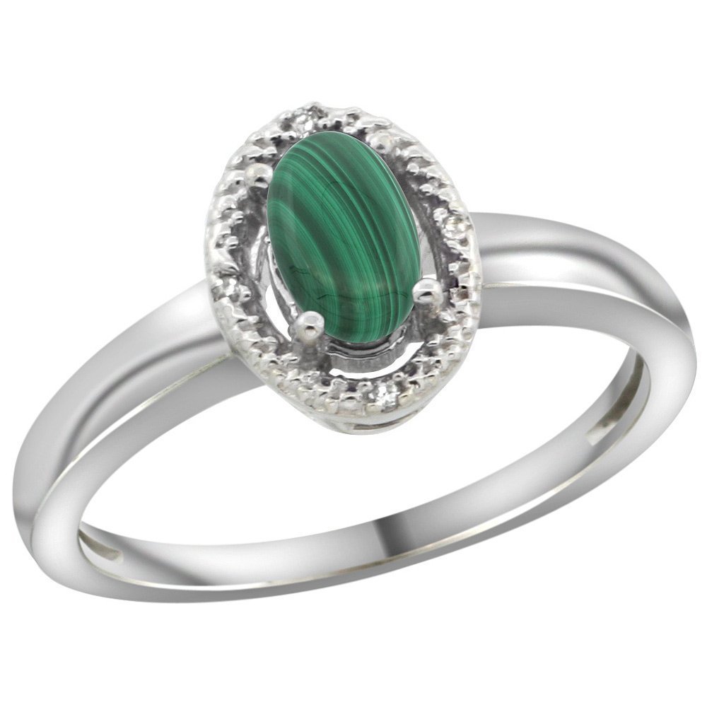 Sterling Silver Diamond Halo Natural Malachite Ring Oval 6X4 mm, 3/8 inch wide, size 5