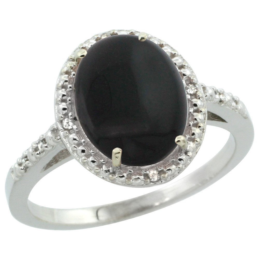 Sterling Silver Diamond Natural Black Onyx Ring Oval 10x8mm, 1/2 inch wide, size 5.5